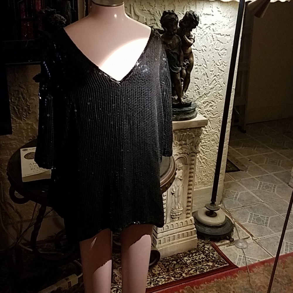 Showstopping black silk and sequins top